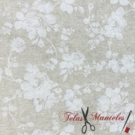TELA LONETA FLORES FONDO BEIGE - TIENDA ONLINE TELAS Y MANTELES