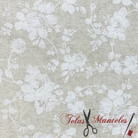 TELA LONETA FLORES FONDO BEIGE - TIENDA ONLINE TELAS Y MANTELES