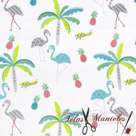 TELA DE ALGODON POPELIN CON FLAMENCOS Y PALMERAS - TIENDA ONLINE TELAS Y MANTELES
