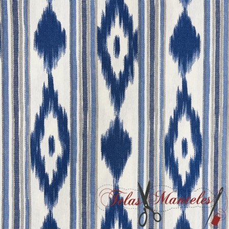 TELA MALLORQUINA IKAT AZUL Y GRIS - TIENDA ONLINE TELAS Y MANTELES