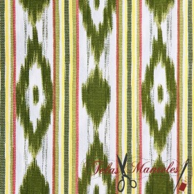 TELA MALLORQUINA IKAT VERDE MULTICOLOR - TIENDA ONLINE TELAS Y MANTELES