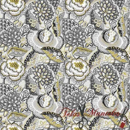 POPELIN ALGODON FLORAL ETERNITY VERDE Y GRIS - TIENDA ONLINE TELAS Y MANTELES