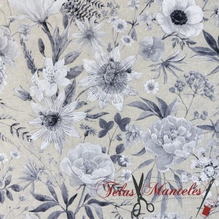 TELA ANTIMANCHAS FLORES GRIS - TIENDA ONLINE TELAS Y MANTELES