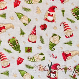 TELA NAVIDAD ANTIMANCHAS DUENDES GNOMOS  - TIENDA ONLINE TELAS Y MANTELES