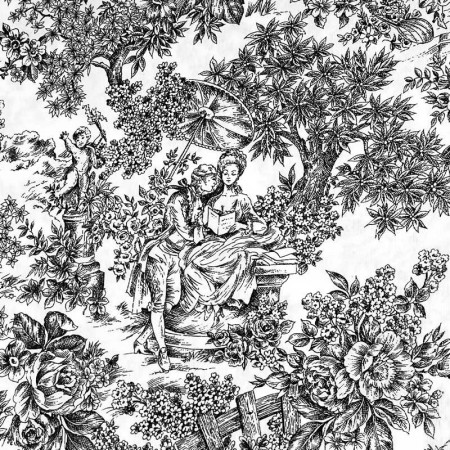 TELA LONETA TOILE DE JOUY CARTUJA NEGRO - TIENDA ONLINE TELAS Y MANTELES