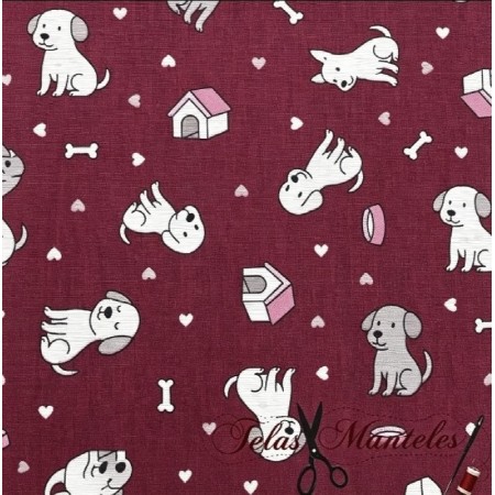 LONETA PERROS GRANATE - TIENDA ONLINE TELAS Y MANTELES